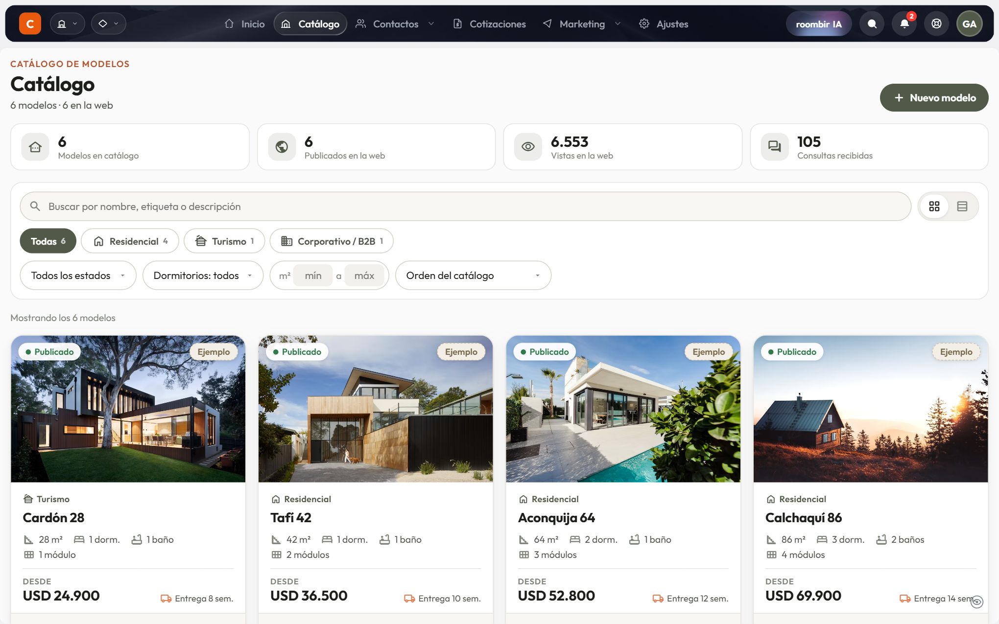 El catálogo de modelos de Roombir Modules: cada modelo con su superficie, sus dormitorios, su precio y su estado de publicación.