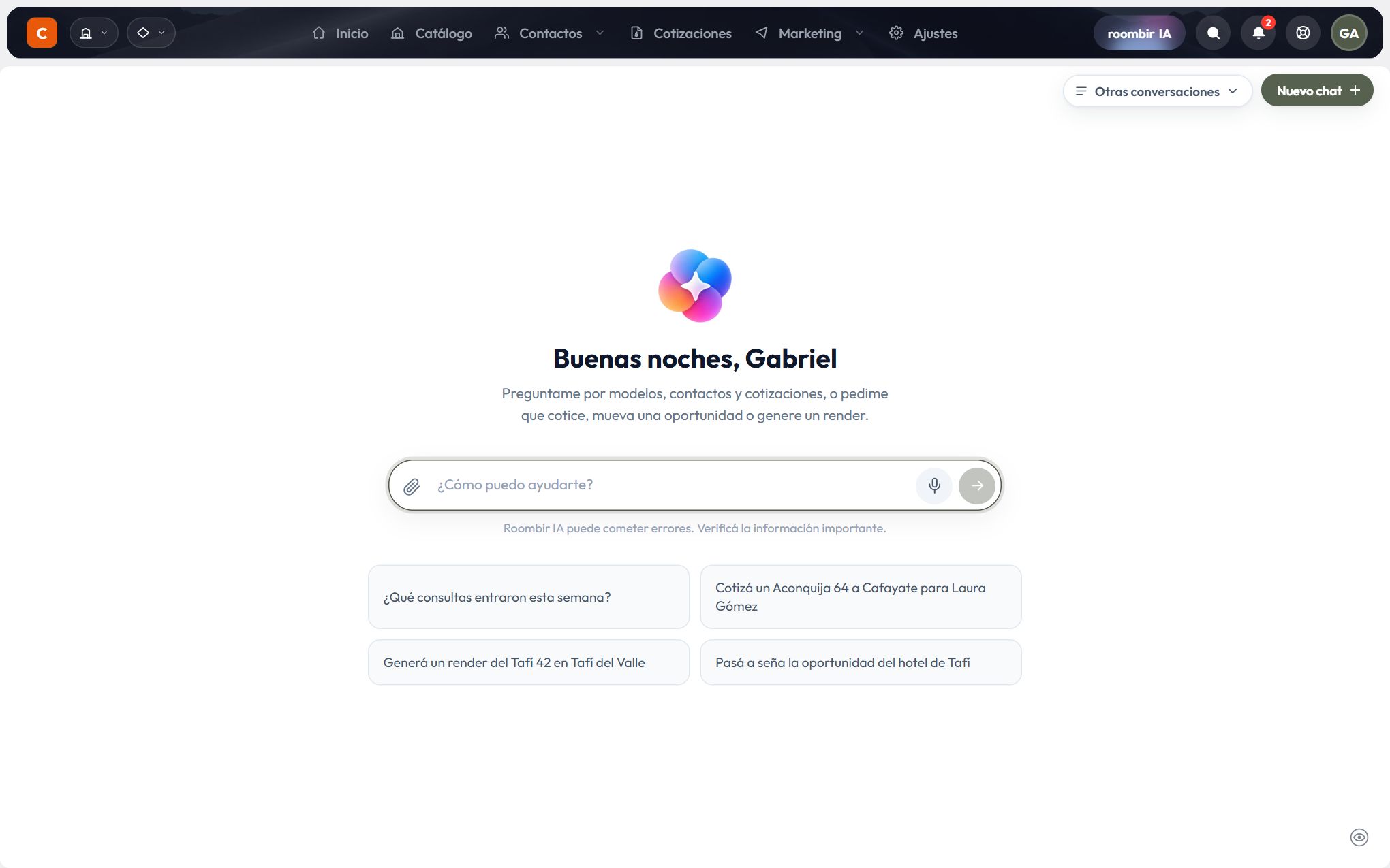 Roombir IA: el chat del asistente dentro del panel.