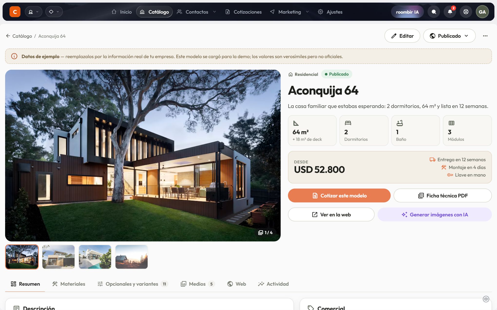 La ficha de un modelo: galería, especificaciones, precio desde y accesos para cotizar y generar imágenes con IA.